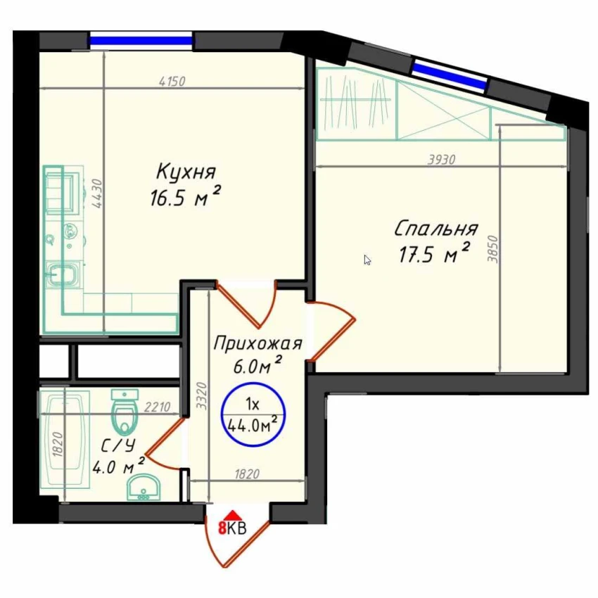 1-комнатная квартира 44 м²  19/19 этаж