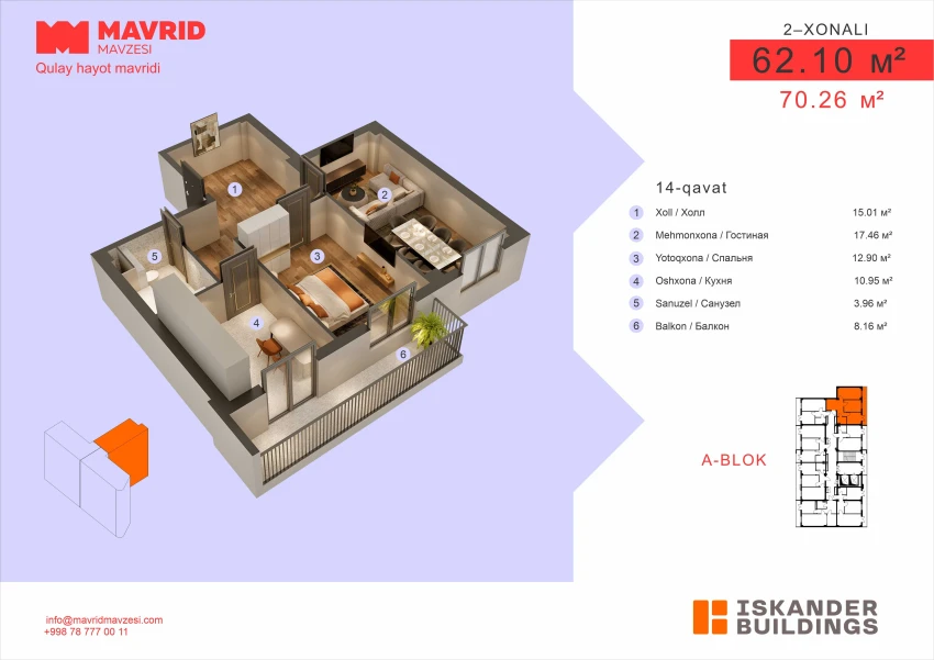 2-комнатная квартира 62.1 м²  14/14 этаж