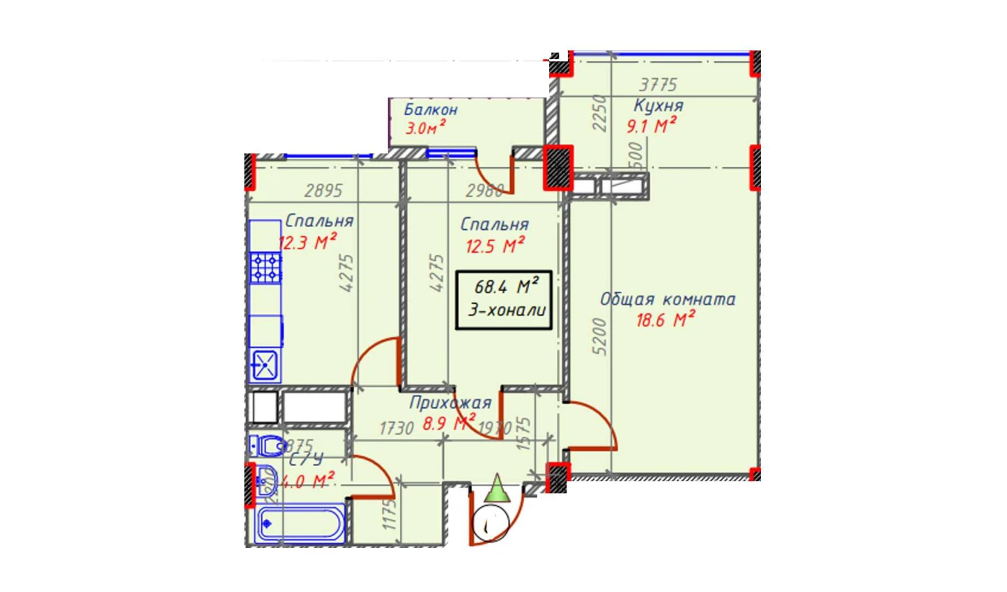 3-комнатная квартира 68.4 м²  3/3 этаж