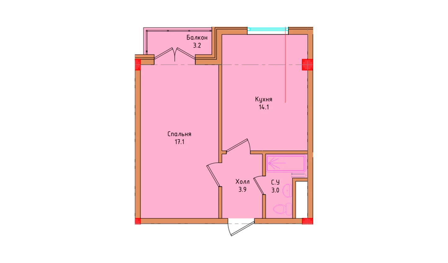 1-комнатная квартира 39.17 м²  3/3 этаж