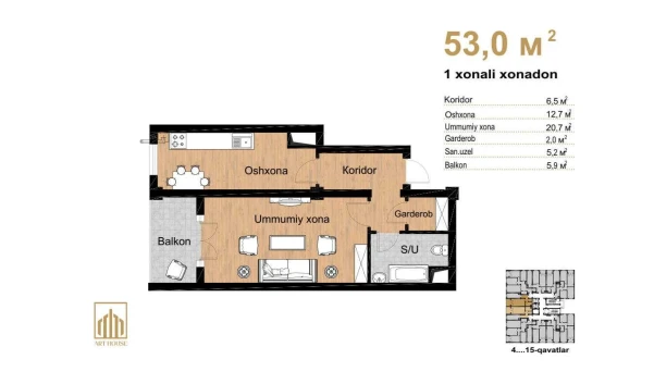 1-xonali xonadon 53 m²  13/16 qavat | Musaffo Turar-joy majmuasi