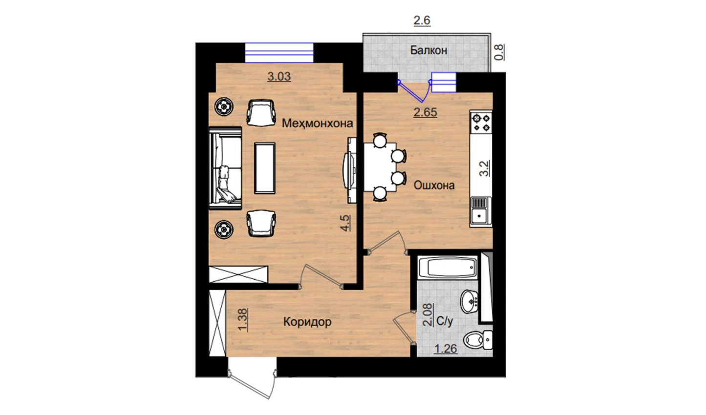 1-комнатная квартира 38.47 м²  2/2 этаж