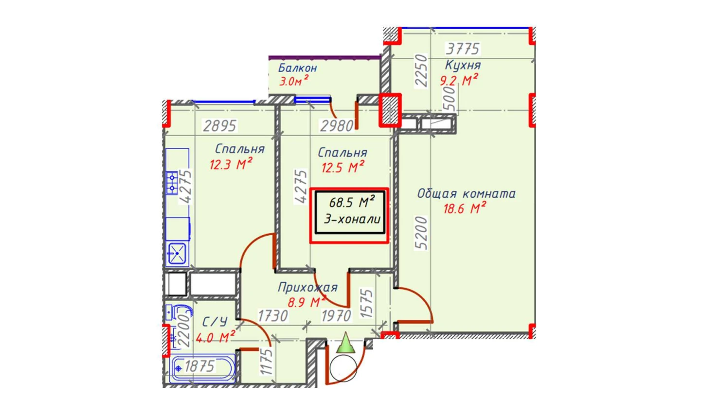 3-комнатная квартира 68.5 м²  11/11 этаж