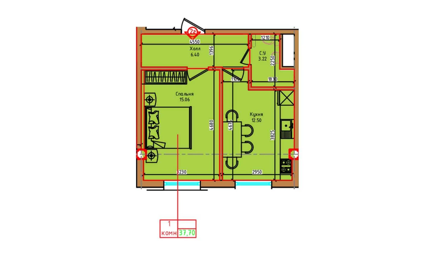 1-xonali xonadon 37.7 m²  3/3 qavat