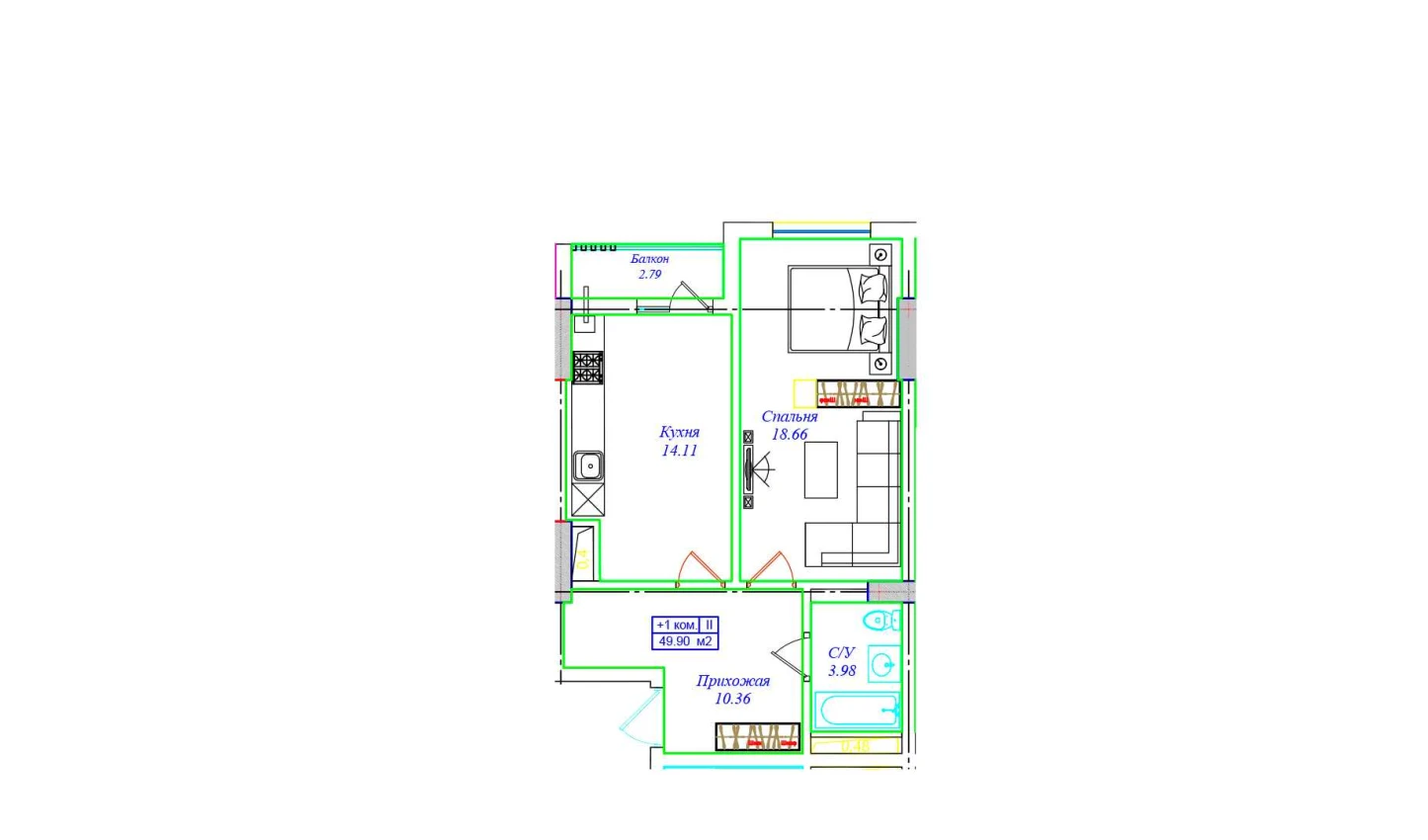 1-xonali xonadon 49.9 m²  11/11 qavat