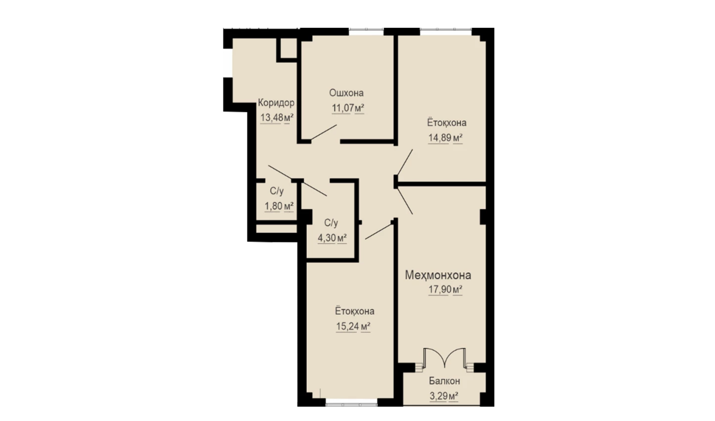 3-комнатная квартира 82 м²  14/14 этаж