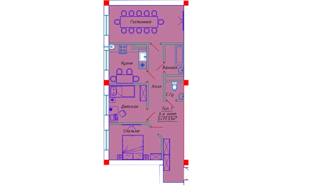 3-xonali xonadon 77.37 m²  5/5 qavat