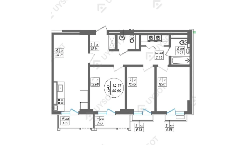 3-комнатная квартира 80.06 м²  2/12 этаж | Жилой комплекс SUN