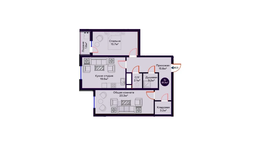 3-xonali xonadon 81.3 m²  7/16 qavat | Crystal Avenue Turar-joy majmuasi