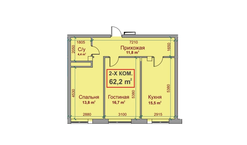 2-xonali xonadon 62.2 m²  3/4 qavat | SABZAVOT CITY Turar-joy majmuasi