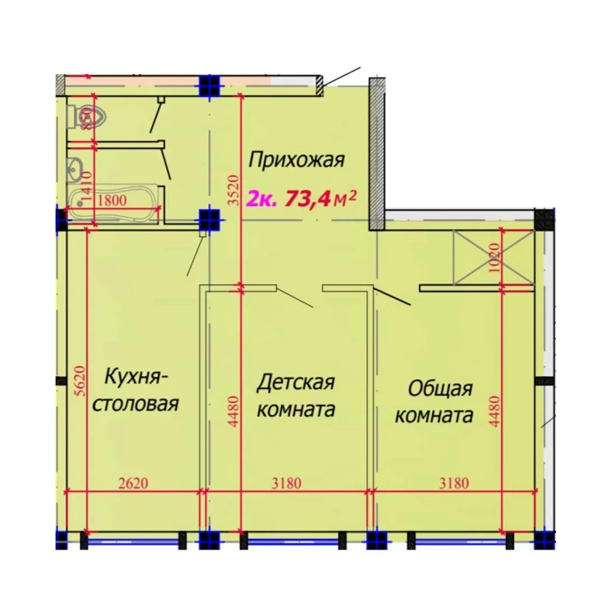 2-xonali xonadon 73.4 m²  1/9 qavat | VATAN Turar-joy majmuasi