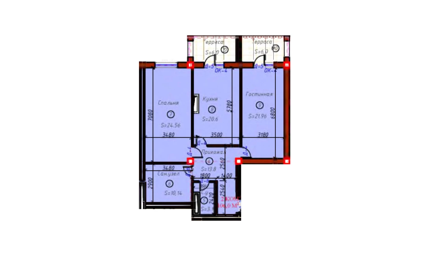 2-комнатная квартира 106 м²  4/4 этаж