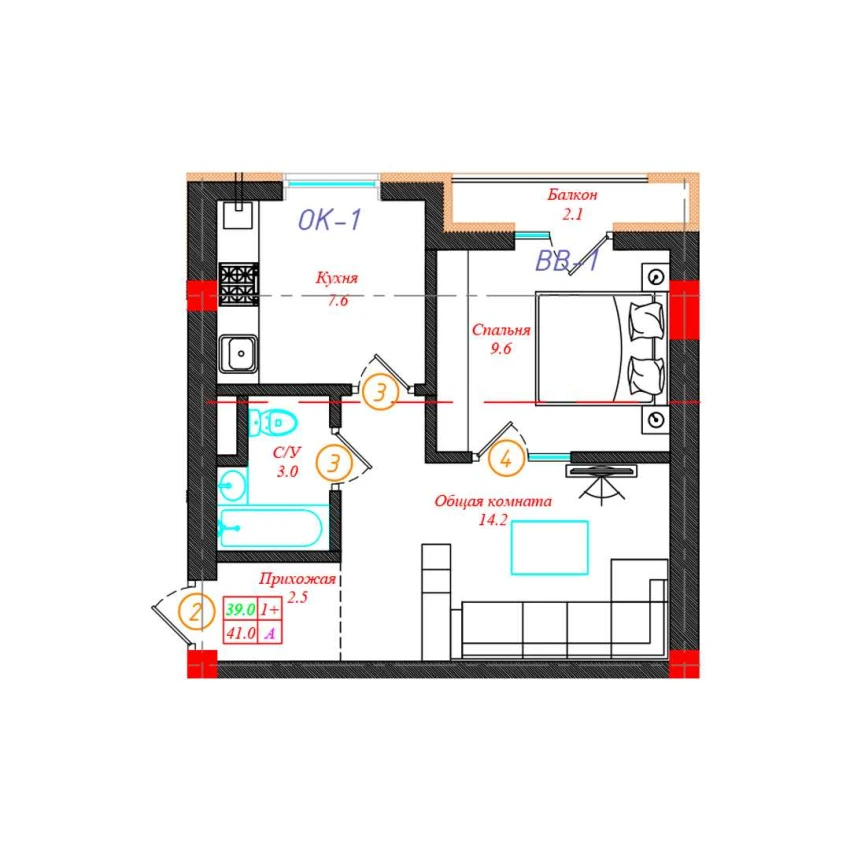 1-комнатная квартира 41 м²  9/9 этаж