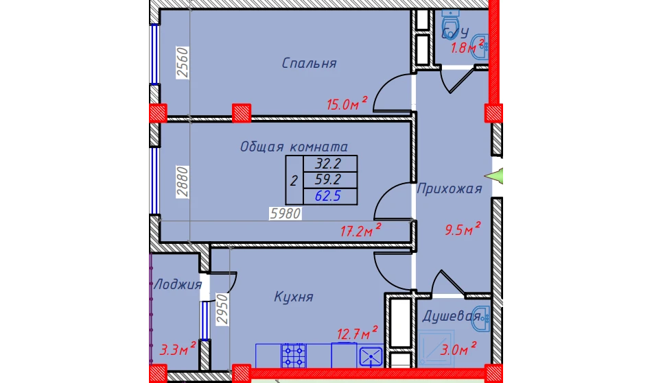 2-xonali xonadon 62.5 m²  6/6 qavat