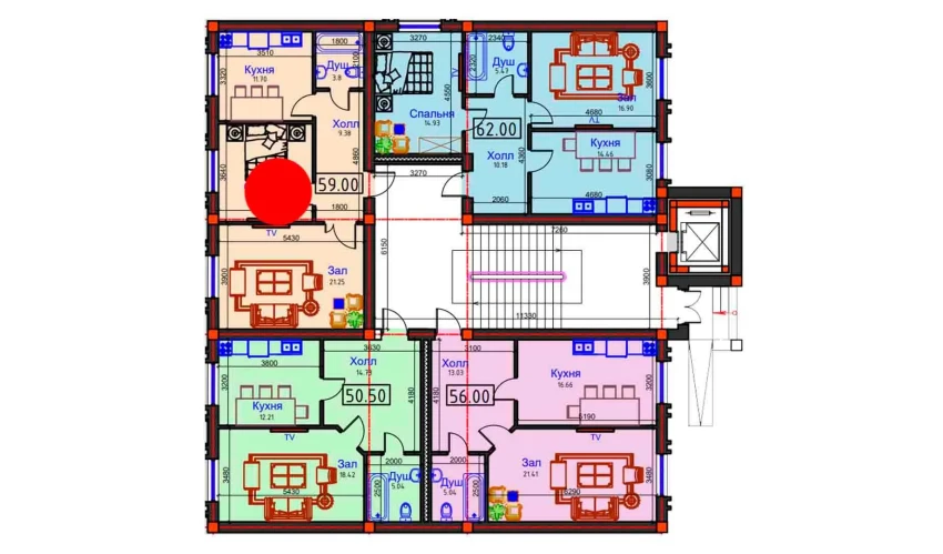 2-комнатная квартира 59 м²  1/1 этаж