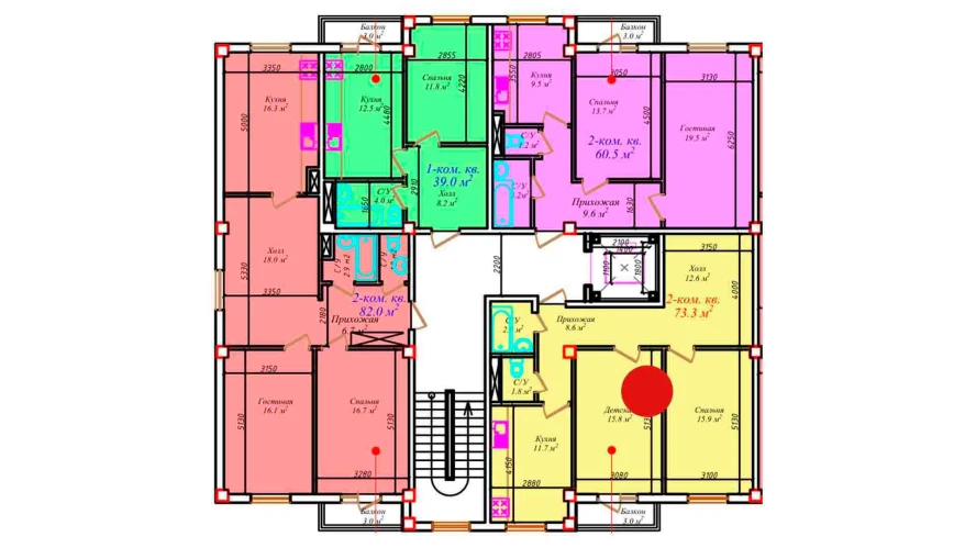 2-комнатная квартира 73.3 м²  6/6 этаж