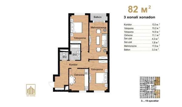 3-комнатная квартира 82 м²  5/16 этаж | Жилой комплекс Musaffo