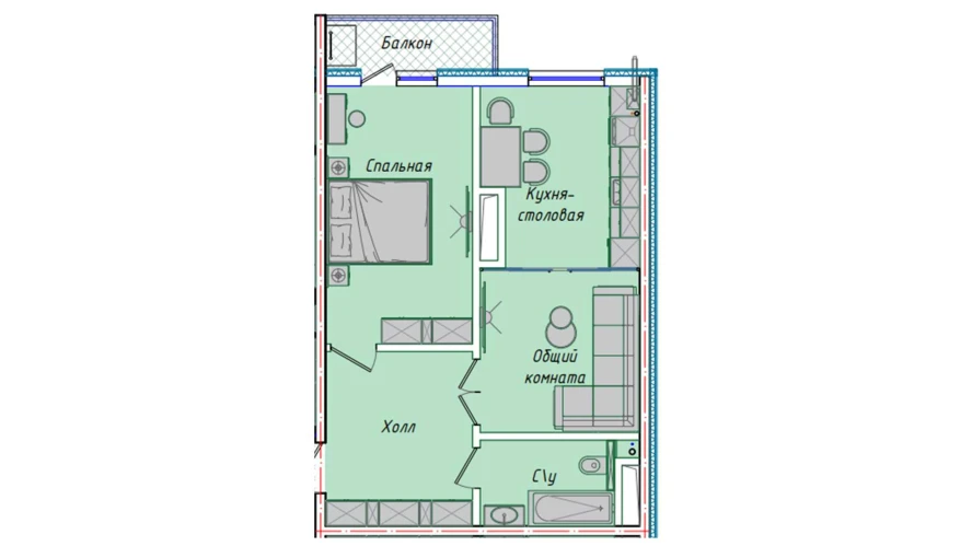 2-xonali xonadon 50.7 m²  15/15 qavat