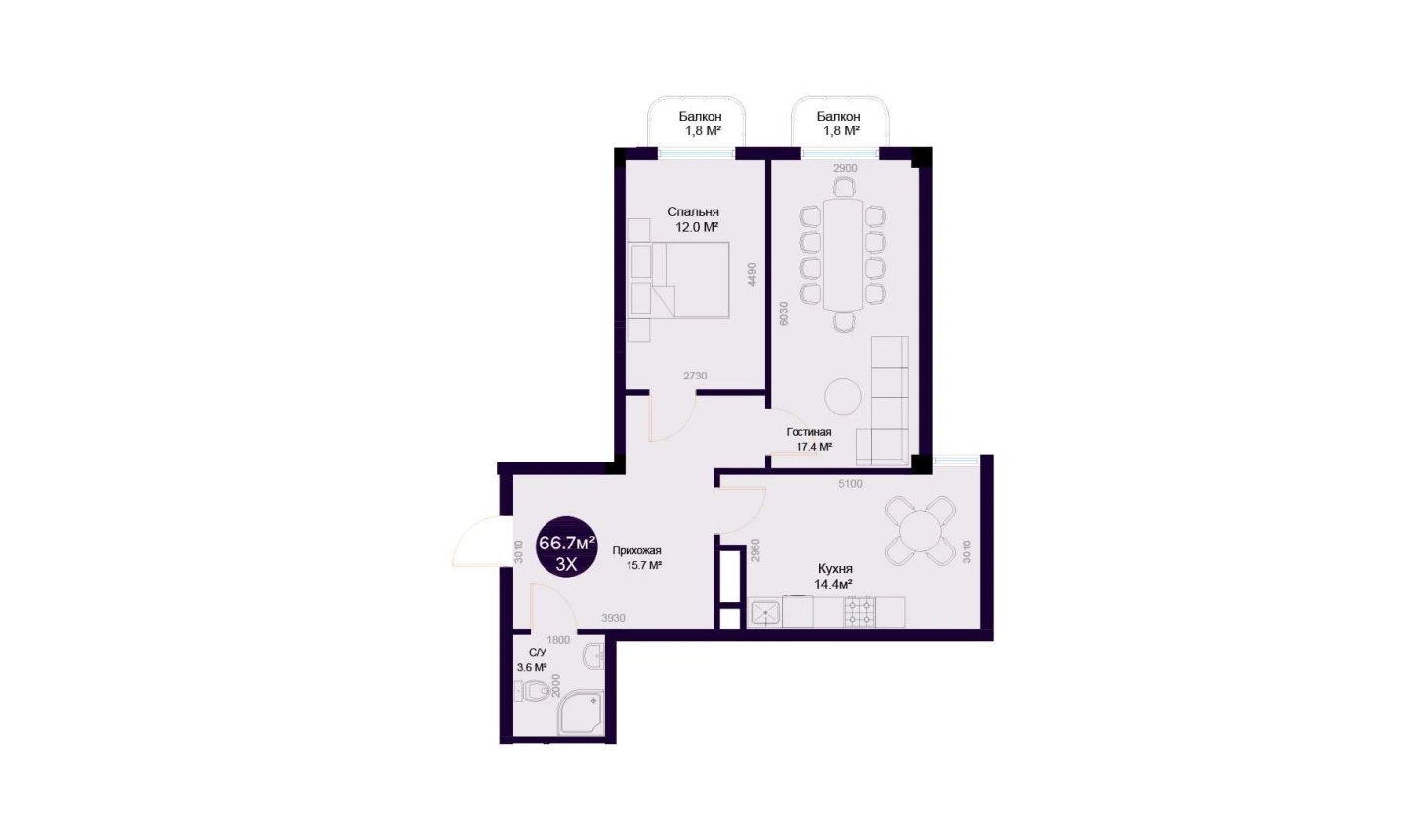 3-комнатная квартира 66.7 м²  1/1 этаж