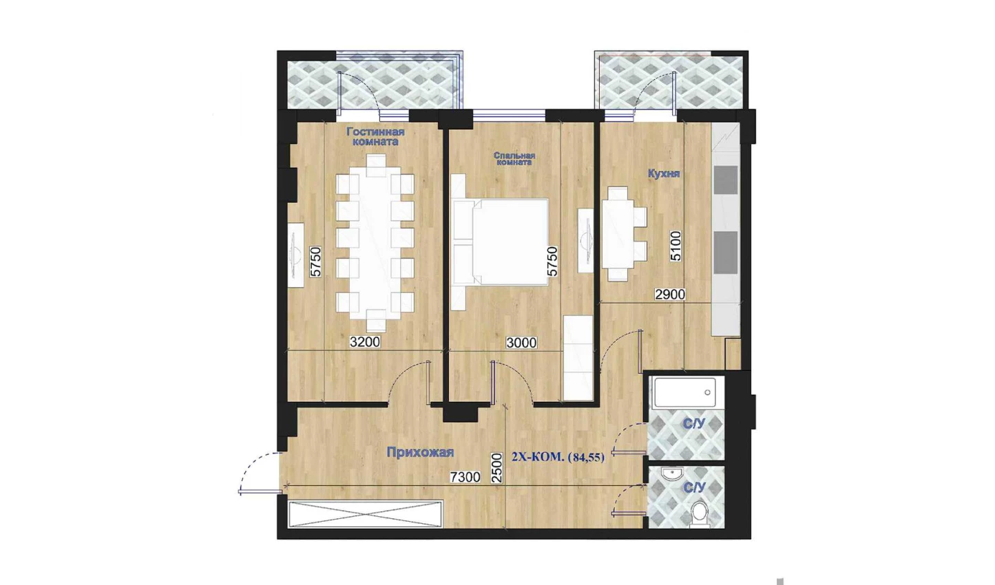 2-комнатная квартира 84.55 м²  3/3 этаж