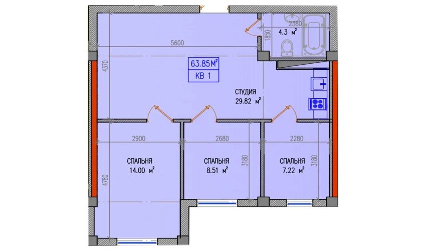 3-xonali xonadon 63.85 m²  1/1 qavat