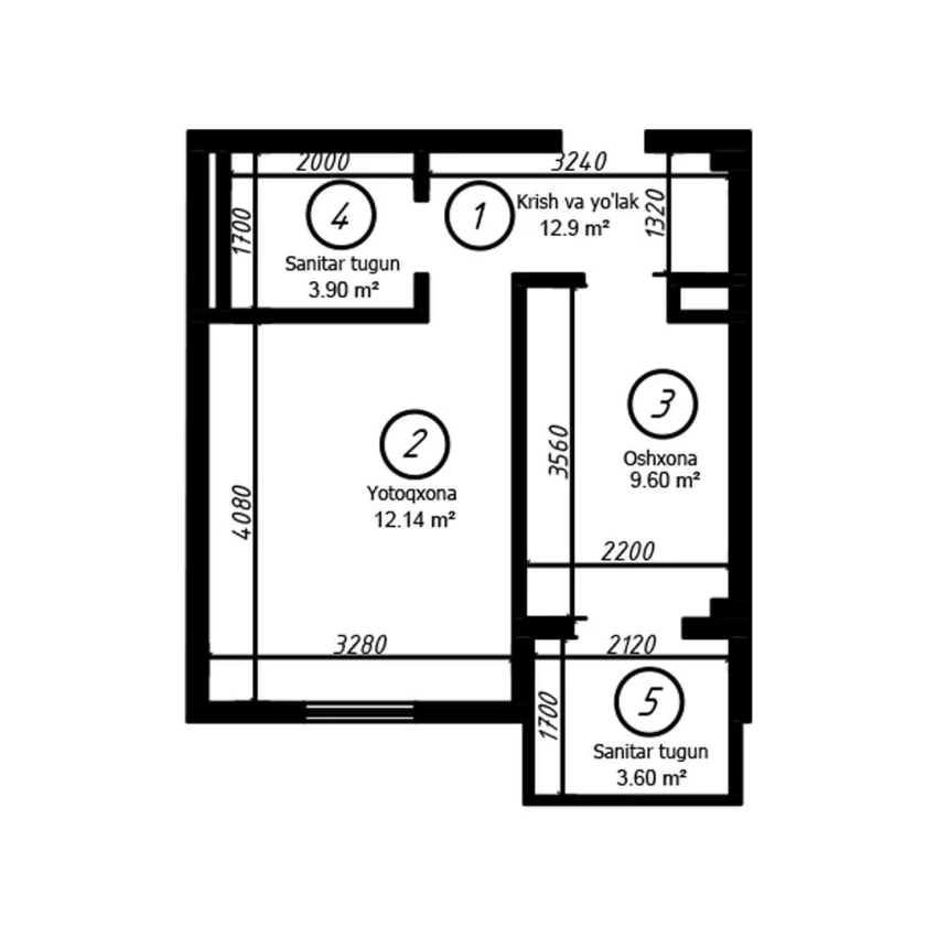 1-xonali xonadon 36 m²  6/8 qavat | YASHIL VODIY RESIDENCE Turar-joy majmuasi