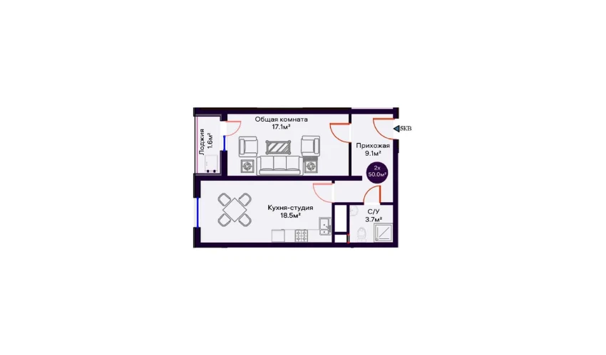 2-комнатная квартира 50 м²  10/16 этаж | Жилой комплекс Crystal Avenue