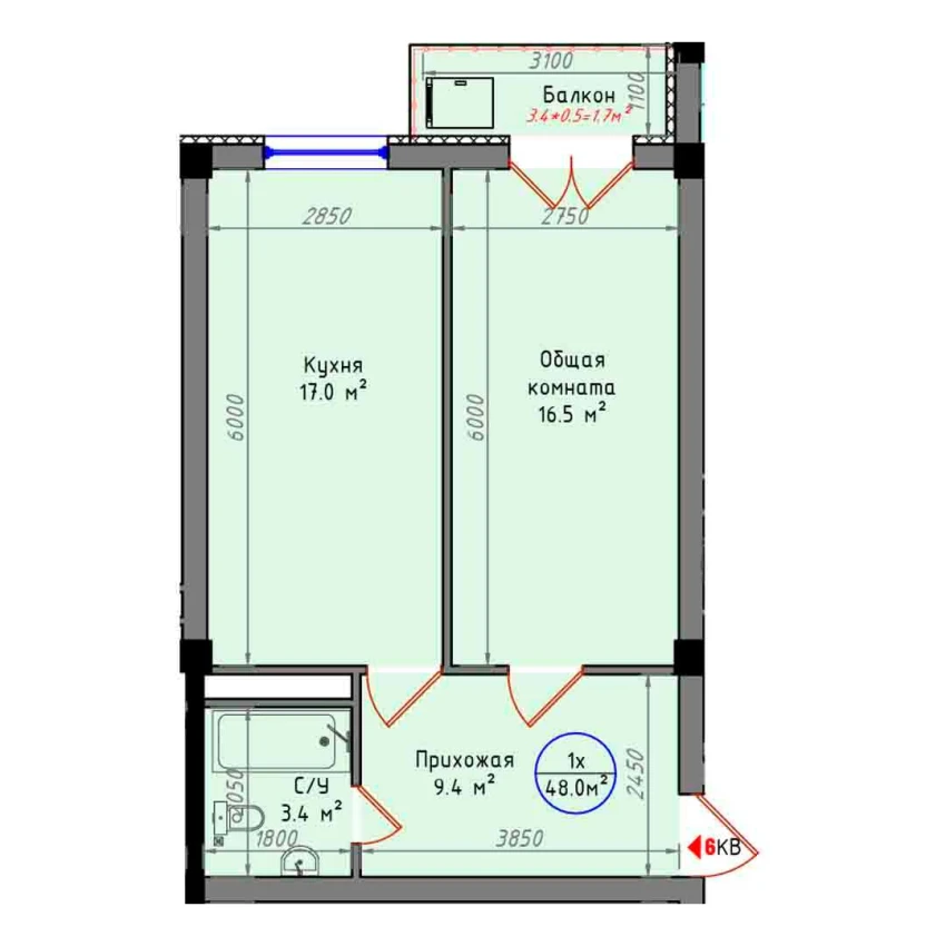 1-xonali xonadon 48 m²  2/2 qavat