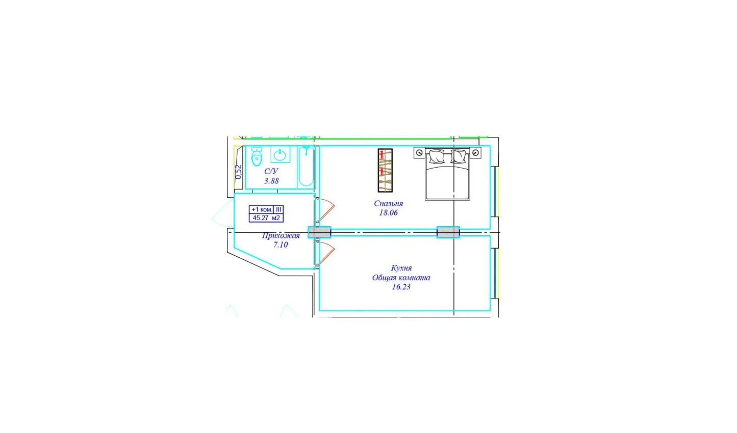 1-xonali xonadon 45.27 m²  8/8 qavat