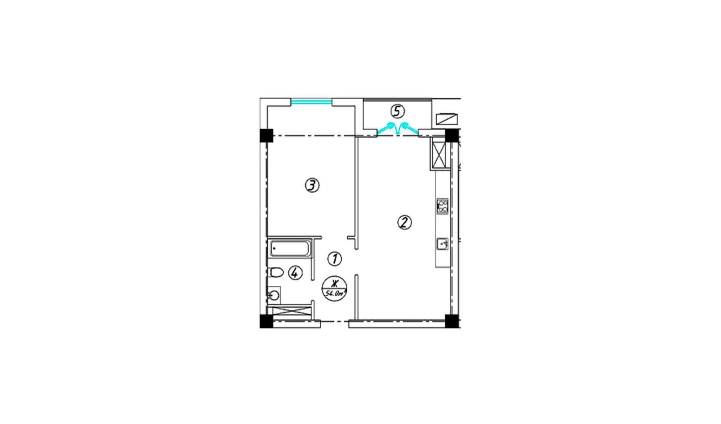 2-комнатная квартира 54 м²  14/14 этаж