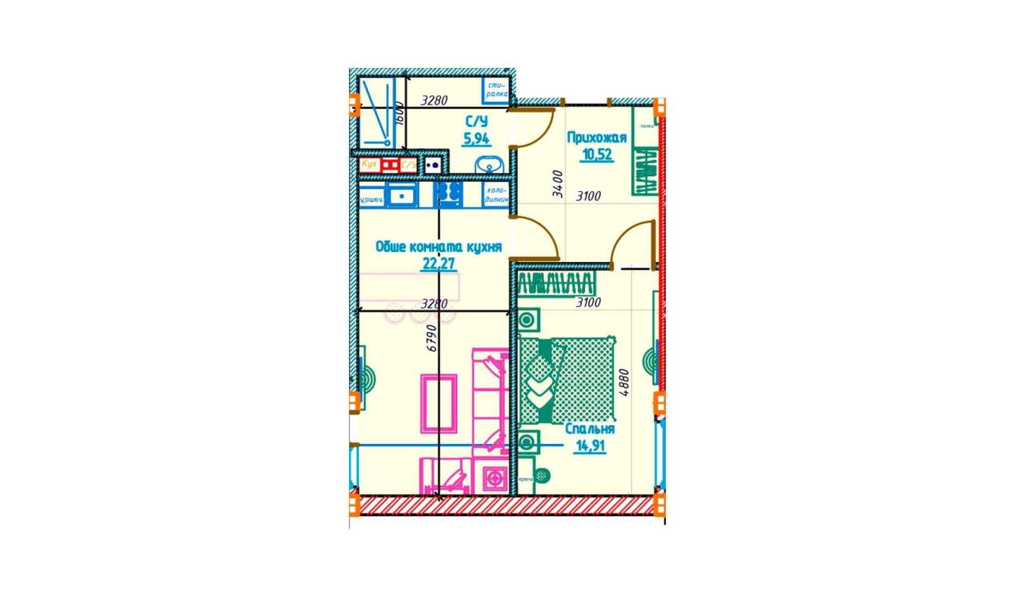 2-комнатная квартира 53.64 м²  3/3 этаж