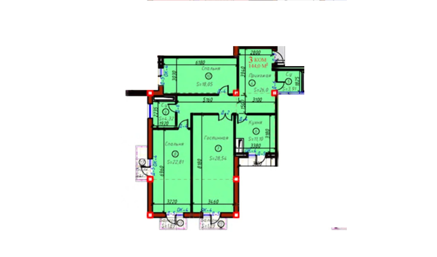 3-xonali xonadon 144 m²  9/9 qavat