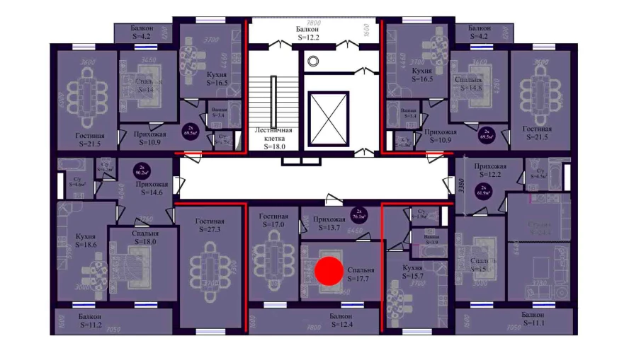 2-комнатная квартира 76.1 м²  6/6 этаж