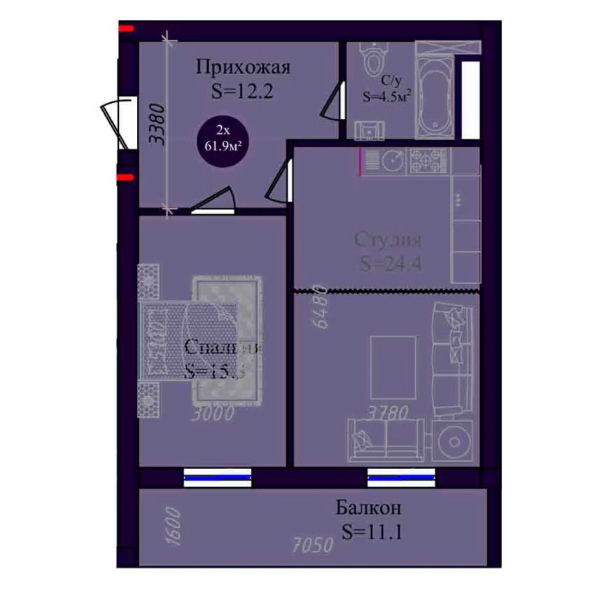 2-комнатная квартира 61.9 м²  6/6 этаж