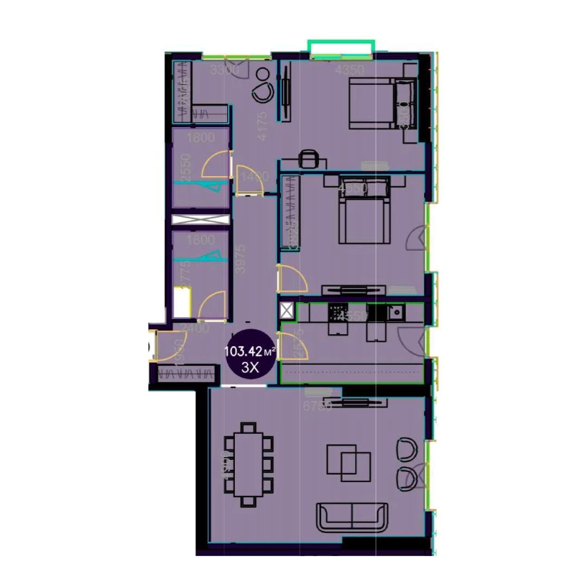 3-комнатная квартира 103.42 м²  14/14 этаж