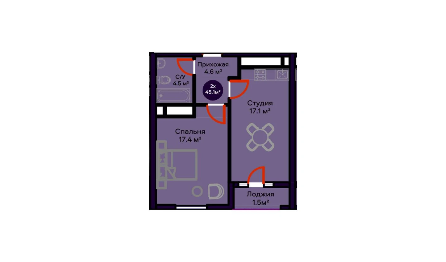 2-комнатная квартира 45.1 м²  4/4 этаж