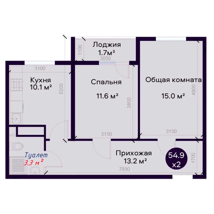 2-xonali xonadon 54.9 m²  8/8 qavat