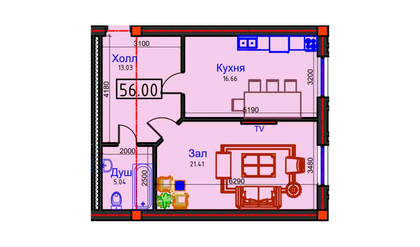 1-xonali xonadon 56 m²  1/1 qavat