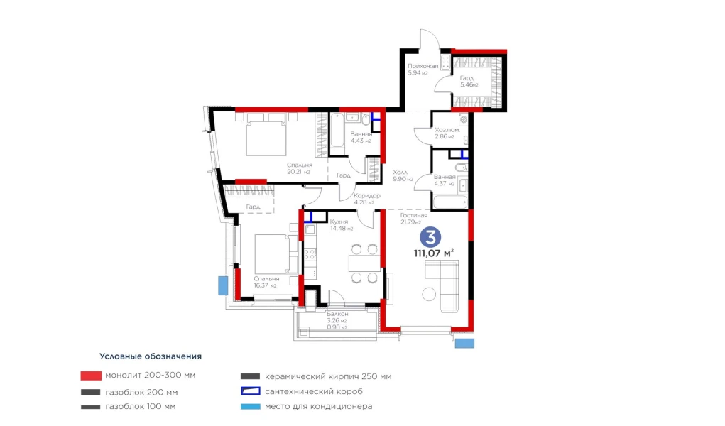 3-комнатная квартира 111.07 м²  6/6 этаж