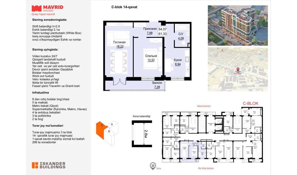 2-комнатная квартира 54.07 м²  14/14 этаж