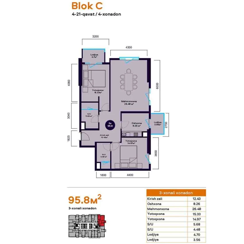 3-комнатная квартира 95.8 м²  4/4 этаж