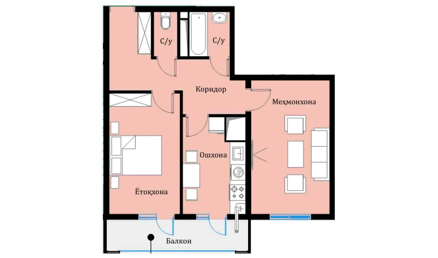 2-xonali xonadon 54.1 m²  14/16 qavat | SOKIN DIYOR Turar-joy majmuasi