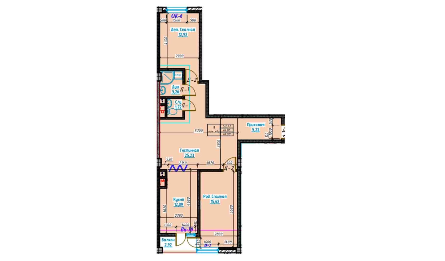 3-комнатная квартира 78.9 м²  2/2 этаж