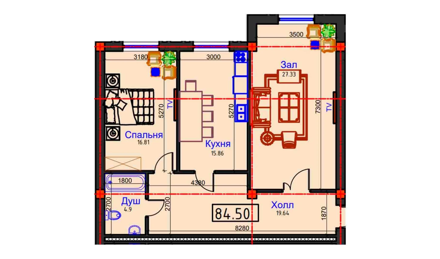 2-xonali xonadon 84.5 m²  1/1 qavat