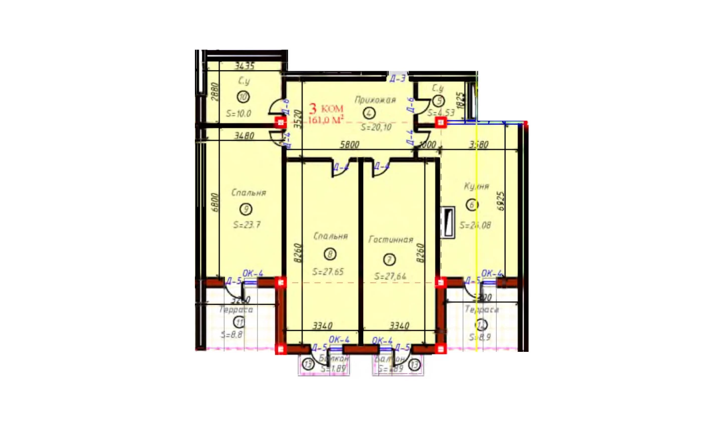 3-комнатная квартира 161 м²  4/4 этаж