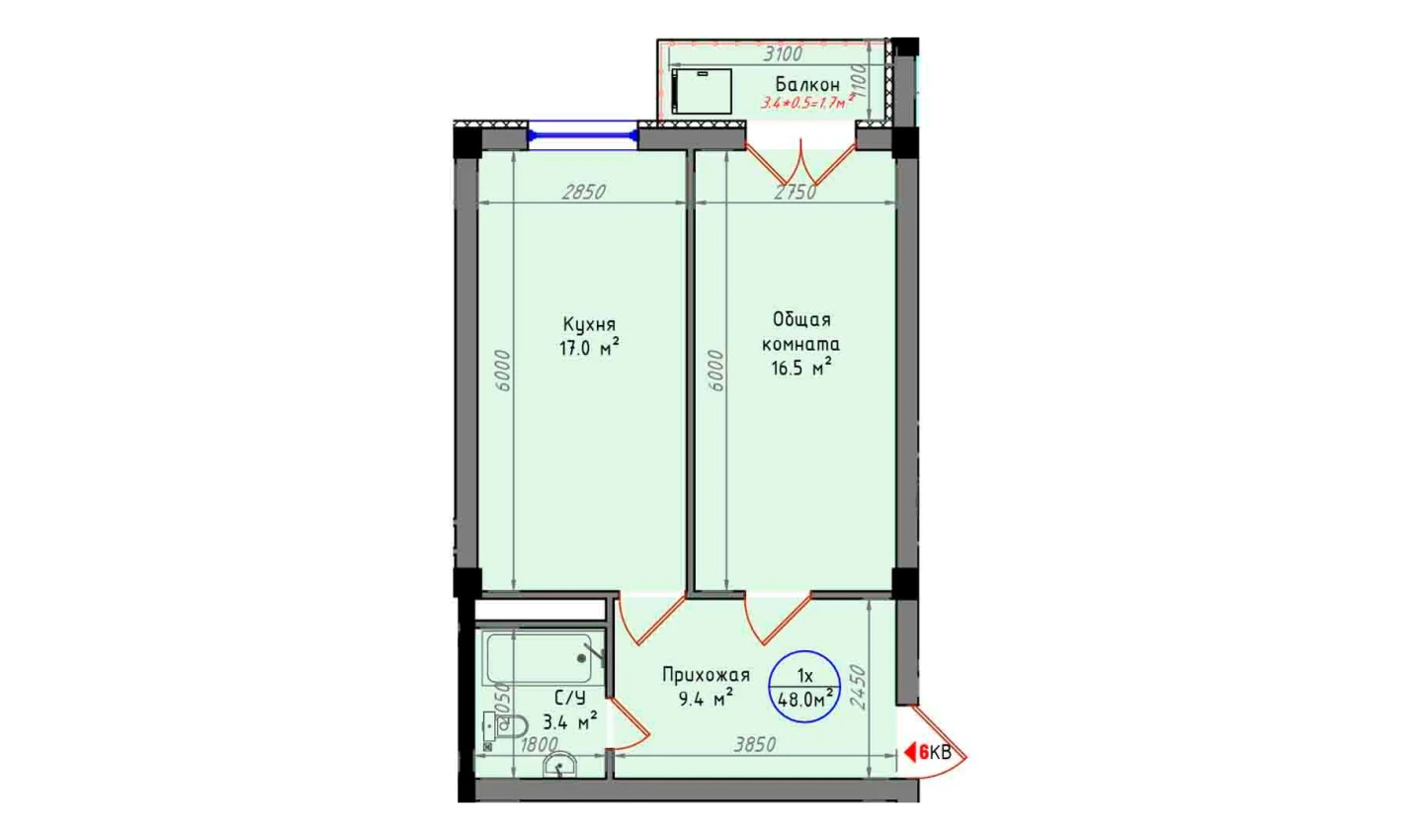 1-комнатная квартира 48 м²  3/3 этаж