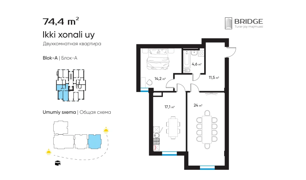 2-xonali xonadon 74.4 m²  4/4 qavat