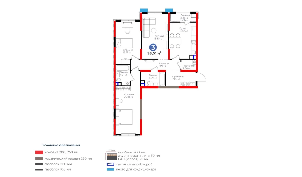 3-комнатная квартира 98.51 м²  8/8 этаж