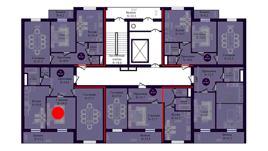 2-комнатная квартира 90.2 м²  6/6 этаж