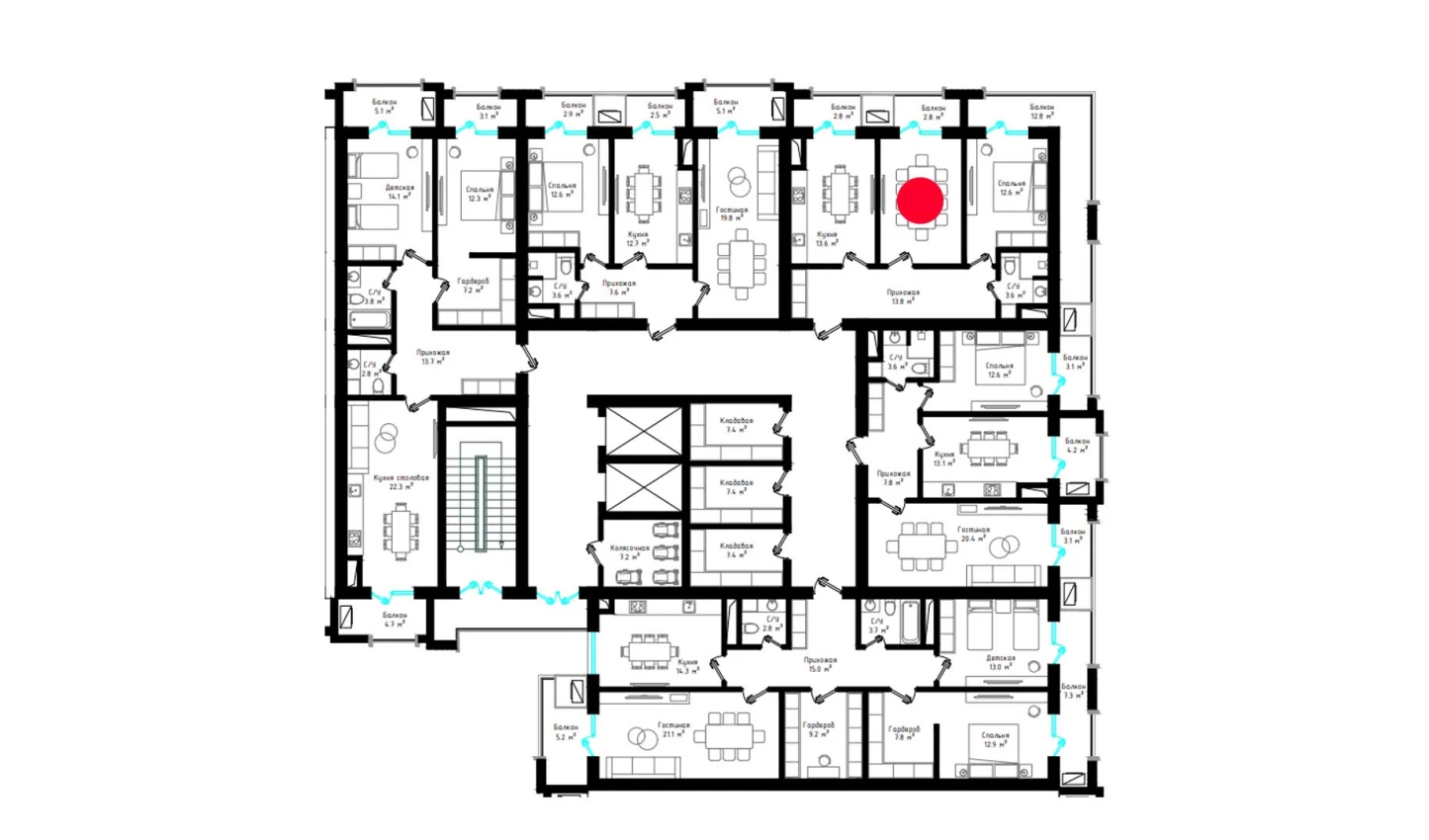 2-xonali xonadon 75.8 m²  6/6 qavat